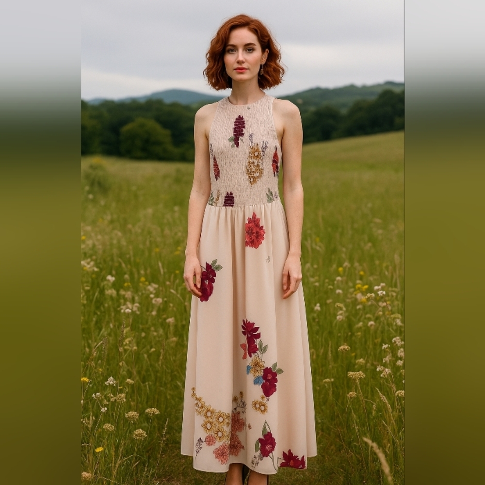 NWOT Stradivarius Floral Maxi Dress in Cream and Red SM